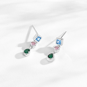 Elegant S925 silver studs with geometric blue, pink, and green zircon drop stones