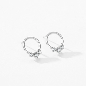 S925 Sterling Silver round stud earrings with three micro-set sparkling zircon stones