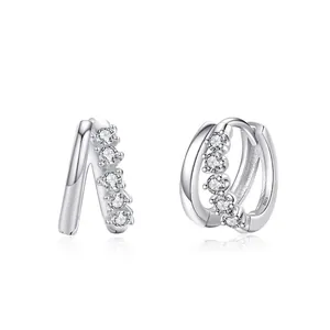 Orecchini a Cerchio Huggie a Doppia Fila in Argento Sterling 925 per Donna Gioielli di Moda con Strass Geometrici Micro Pave