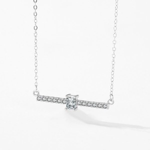 Elegant S925 silver necklace with a geometric rectangular crystal pendant on white background