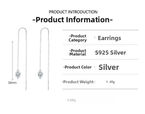 Détail de boucles d'oreilles en argent 925 montrant 39mm de long et 1,49g de poids