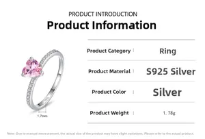 Macro shot of S925 silver ring featuring a pink heart zircon and 1.7mm wide band