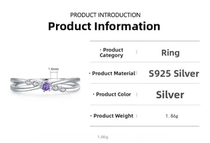 Detailed specs for S925 silver ring featuring purple zircon and crossover band design