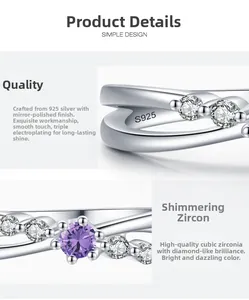 Detailed macro view of S925 sterling silver ring with purple cubic zirconia stone