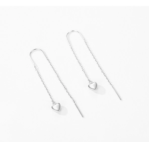 Detail of S925 sterling silver long tassel ear threads with heart pendants and hooks