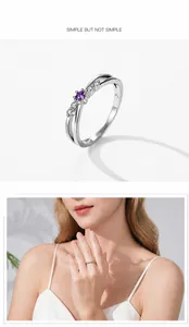 Macro shot of S925 silver ring featuring a purple zircon stone and pavé white crystals