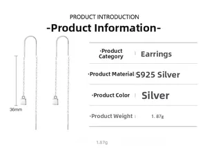 Detailed specs of S925 silver geometric ear threader weighing 1.87g and 36mm long