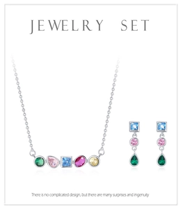 Macro detail of S925 silver jewelry set featuring vibrant geometric rainbow zircon stones