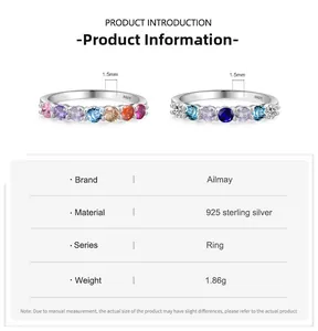 Detailweergave van S925 zilveren ringen met regenboogzirkonia en productspecificaties