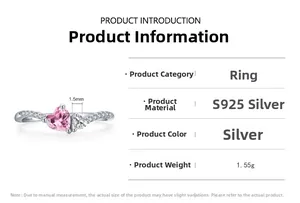 Macro detail of S925 silver ring featuring pink heart zircon and precise 1.5mm band size