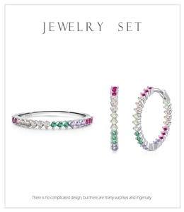 Detailed close-up of S925 silver jewelry set featuring rainbow cubic zirconia inlays