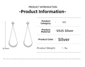 Detailed size chart for S925 silver geometric tassel earrings showing 33.9mm height