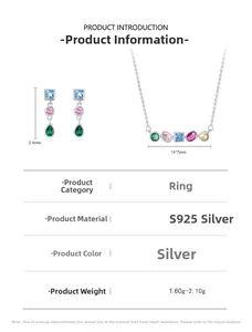 Detail view of S925 silver necklace and earrings set with colorful rainbow cubic zirconia