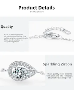 Close-up of S925 sterling silver lobster clasp and pear-cut cubic zirconia pendant