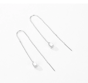Detailed view of S925 sterling silver long chain earrings with geometric cube pendant