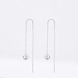 925 Sterling Silver Sweet Heart Ear Threads Long Tassel Drop Earrings Minimalist Polished Silver Heart Jewelry Gift For Women