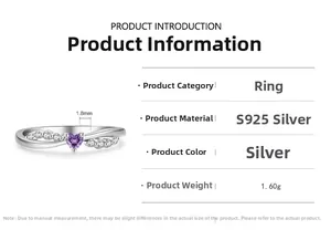 Detailed specs of S925 silver ring with purple heart zircon and 1.60g weight details