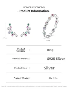 Detailed specs of S925 sterling silver rainbow zircon earrings and ring set for women