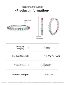 Detail view of S925 silver jewelry set with colorful zircons and product dimensions
