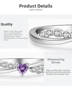Macro detail of S925 silver ring featuring purple heart zircon and S925 hallmark stamp