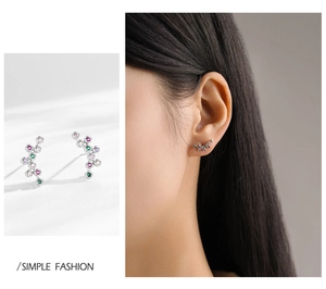 Detail view of S925 sterling silver earrings with rainbow zircon curved setting
