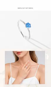 Detail of S925 silver ring with twisted band and sapphire blue zircon in six-prong setting
