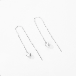 Minimalist S925 silver heart long tassel earrings displayed on a clean white background