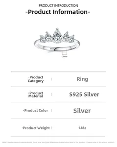 Macro view of S925 sterling silver crown ring showing 1.8mm width and pear-shaped diamonds