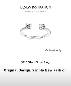 Detailed close-up of S925 sterling silver open ring with dual zircon stones