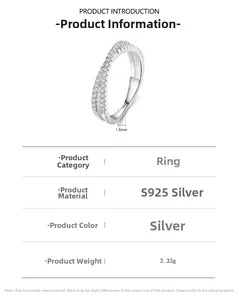 Detail specifications of S925 silver criss-cross ring with micro-pave zirconia, 2.33g weight