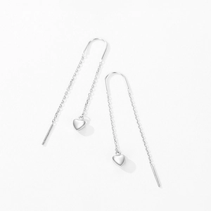 S925 sterling silver heart tassel drop earrings with long chain on white background