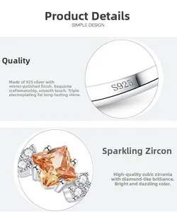 Detailed close-up of S925 sterling silver ring featuring an orange square cubic zirconia stone