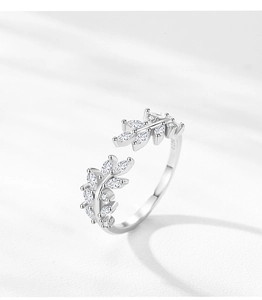 Close-up of S925 sterling silver adjustable leaf ring with sparkling marquise zircons
