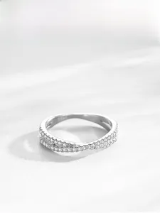 Detailed view of S925 sterling silver stamp on micro-paved crisscross line ring