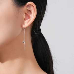 Minimalist S925 sterling silver geometric long chain earrings on model with vertical drop