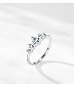 Close-up of S925 sterling silver crown ring with five pear-shaped sparkling zirconias