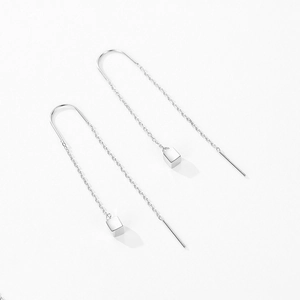 Minimalist S925 sterling silver long chain threader earrings with geometric cube pendants