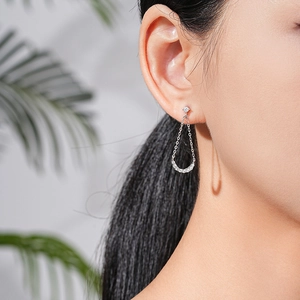S925 silver tassel drop earrings with U-shaped geometric design and zircon stones