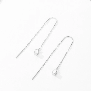 Elegant S925 sterling silver geometric cube threader earrings with minimalist long chains