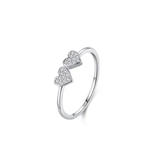 Bague Cœur en Argent Sterling S925 pour Femme Style Coréen Doux Frais Anneau Mince Pave Zirconia Bijoux Fins Cadeau