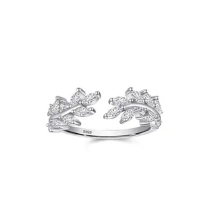 S925 Sterling Silver Leaf Open Adjustable Ring With Rhinestone Forest Style Delicate Fine Jewelry For Women Finger Ring