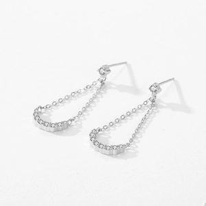 S925 sterling silver geometric tassel earrings with crescent moon and sparkling zircon stones
