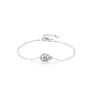 Elegant S925 sterling silver pear-shaped halo bracelet with adjustable cross chain