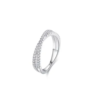 925 Sterling Silver Rhinestone Cross Ring For Women Exquisite Geometric Intertwined Wave Line Adjustable Finger Ring Jewelry Gift