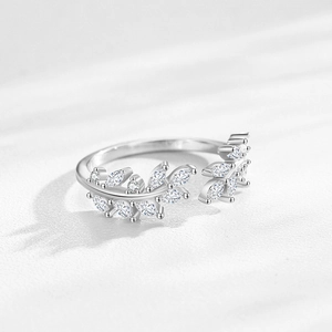 S925 sterling silver leaf adjustable ring with sparkling marquise cut cubic zirconia