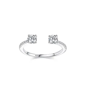 925 Sterling Silver Open Adjustable Ring For Women Minimalist Geometric Double Round Zirconia Inlaid Finger Ring Fashion Jewelry Gift