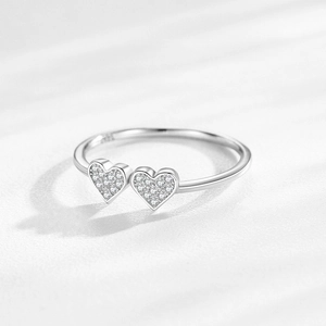 Bague ajustable en argent S925 avec double cœur et pavé de diamants étincelants