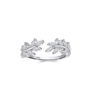 Adjustable S925 sterling silver leaf ring with sparkling marquise-cut zircon stones