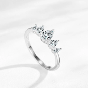S925 sterling silver crown ring featuring five pear-cut sparkling teardrop gemstones