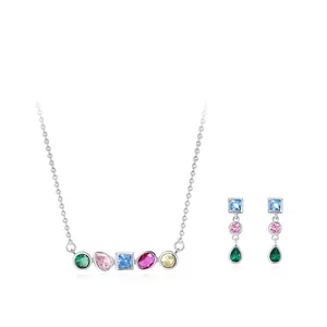925 Sterling Silver Rainbow Zirconia Jewelry Geometric Drop Necklace Stud Earrings Multicolor Stone Fashion Jewelry